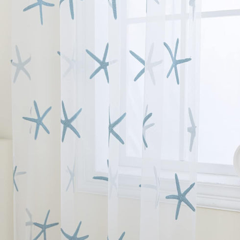Embroidered Teal Starfish Sheer Curtains for Living Room 84 inches Long Rod Pocket Retro Voile Window Curtains Drapes for Bedroom 52 x 84 Inch 1 P...