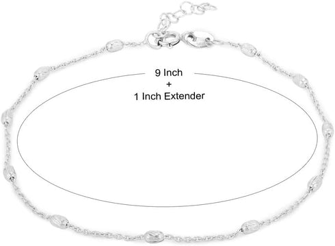 Sterling Silver Jewelry - Rhodium Plated with 925 Stamp - Silver Oval Ball Anklet - Elegant handcrafted Beaded Chain Anklet for Women - 9" long + ...