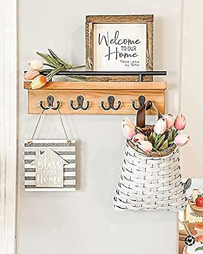 Mail and Key Holder for Wall, Decorative Wooden Wall Shelf with Hooks, Wall Mounted Coat Rack with Shelf, Keys Organizer, Entryway Hooks with Home...