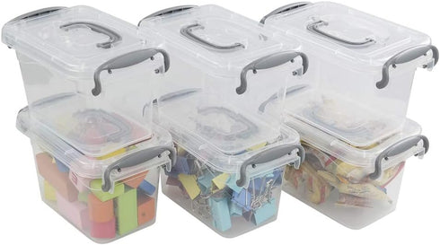 1.5 L Tiny Plastic Bins Boxes with Gray Handle, Mini Plastic Storage Box Organizer, 6-Pack...