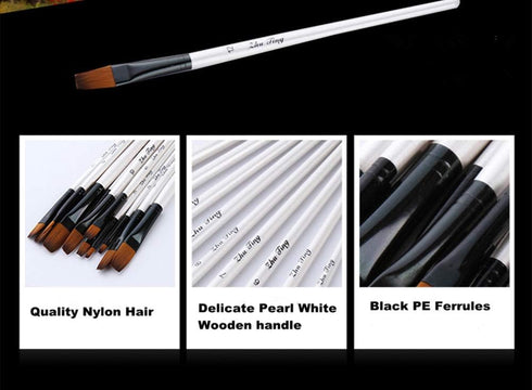 Flat Head Paintbrush Set Nylon Hair Paint Brush Set for Acrylic Oil Watercolor Painting Artist Professional Painting Kits (12pcs Pearl White Flat ...