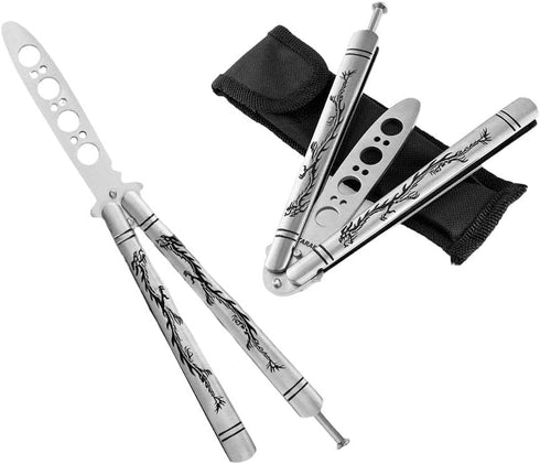 Finger Flip Trainer with Dull Blade, Full Stainless Steel Black Dragon Pattern Unsharpened 100% Safe for CSGO Training (Silver)...