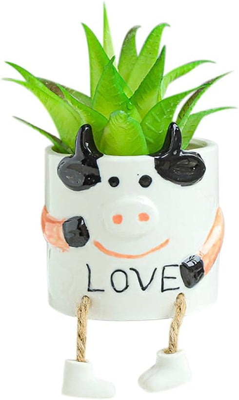 Ceramic Cow Planter, Cute Cartoon Smooth Glazed Flower Plant Pots Drainage Hole Small Succulent Pots for Mini Flower Planters Cactus, Plants Not I...