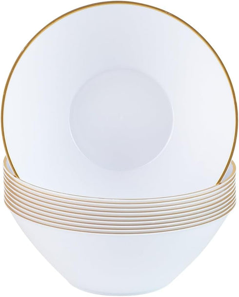 Party Plastic Bowls – White with Gold Rim - Round Plates- 10 Count- Elegant Premium Durable Dessert Bowls for Versatile Celebrations (6 oz.)...