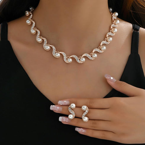 Pearl Bridal Necklace Earrings Set Sliver Rhinestone Necklaces Crystal Bride Choker Necklace Jewelry Set Pearl Accessories for Women...