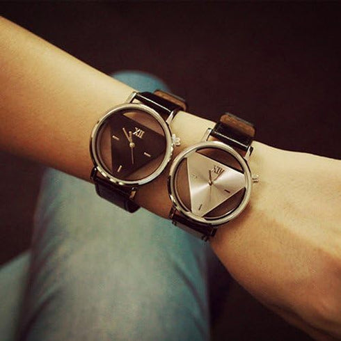 Unisex Charm Glass Hollow Triangle Dial Faux Leather Analog Quartz Wrist Watch...