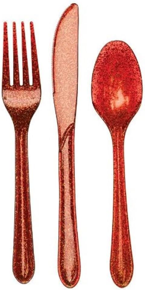 24-Piece Glitz Premium Plastic Cutlery Assortment, Red Glitter...
