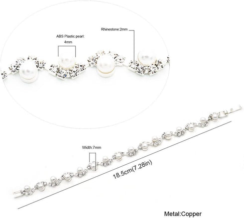 JSEA Womens 4mm Faux Pearl Wave Link Bracelet Silver Tone Rhinestone Bracelets Ladies...