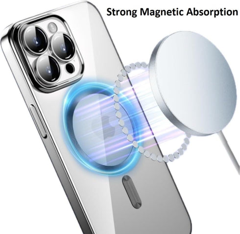 Magnetic Case for iPhone 15 Pro Max Phone. TPU Shockproof Electroplated Bumper, Camera Lens Protector, Waterproof Transparent Case., Silver...
