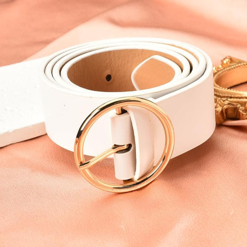 Womens White Leather Belts for Ladies Gold Buckle Belt for Women Lady Waist Stretch Belts for Jeans Dresses Trousers Pu Leather Belt...