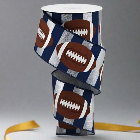 Craig Bachman 2.5" Footballs On Stripe Ribbon: Silver & Navy (10 Yards) for Gift Wrapping, Football Theme, Sports Wired Ribbon, Bow, DIY Crafting...