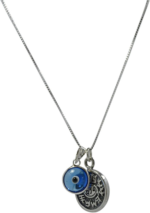 Silver Coin Protection Charm Necklace - 20" Silver Box Chain with Blue Evil Eye Glass Charm - Unisex Pendant for Protection - Includes Cotton Pouc...