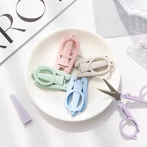 5Pcs Pastel Mini Folding Scissors with Safety Cap Small Telescopic Stainless Steel Scissors Portable Pokect Little Travel Scissors Kids Shears Tin...