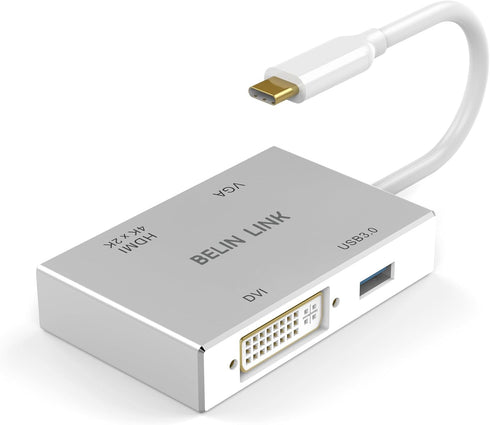USB C to HDMI DVI VGA USB 3.0 Adapter,USB 3.1 Type-C 4in1 Hub to HDMI DVI 4K VGA USB Adaptor Converter (Thunderbolt 3 Compatible), USB-C Adapter f...