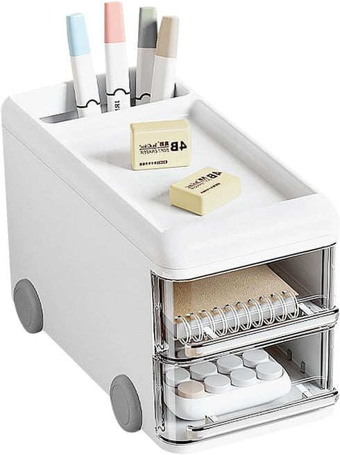 LETURE Cute Desk Organizer with drawers, Plastic Desktop Storage for Business Card/Pen/Pencil/Mobile Phone/Stationery Holder Box, Desktop Organize...