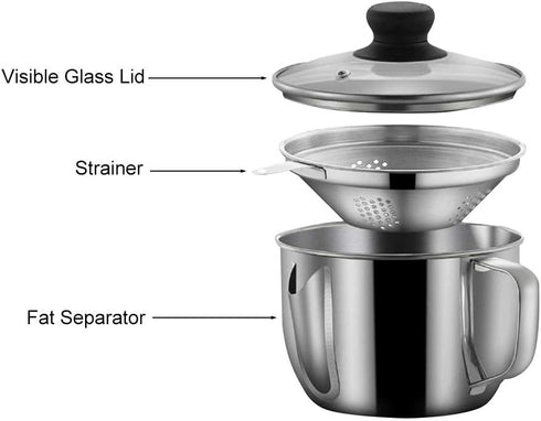 Stainless Steel Fat Separator 4 Cup/1000ML Gravy Grease Separator with Strainer and Glass Lid, Soup Oil Separator Cup for Cooking, Oil Soup Separa...