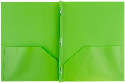 JAM PAPER Plastic 2 Pocket School POP Folders with Metal Prongs Fastener Clasps - Lime Green - 3/Pack...