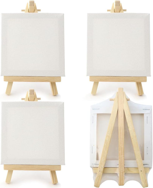 WYBG 4 Pieces Mini Canvases for Painting with Easel Set, 3x3 Inch Stretched White Blank Canvas Panels Wood Easels Small Canvas with Easel Small Ca...
