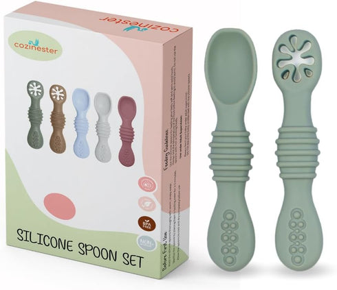 Silicone Baby Spoon & Pre-Spoon Self Feeding - First Stage Infant Feeding Spoons - Bendable Baby Utensils for Parent & Self-Feeding, Teething Frie...