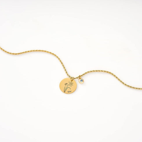 Fettero Birth Flower Necklace Gold Coin Stamp Dafodil Pendant Birthstone Aquamarine Month March 18K Gold Vacuum Plated Dainty 2MM Twist Rope Chain...