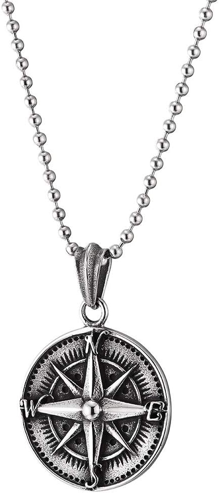 COOLSTEELANDBEYOND Mens Women Stainless Steel Vintage Compass Circle Medal Pendant Necklace, 23.6 inches Ball Chain...