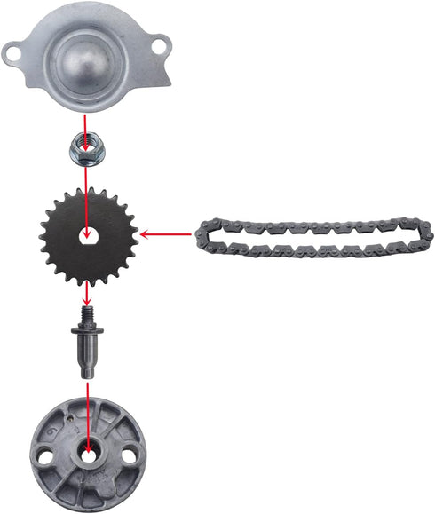 GY6 engine oil pump assembly Oil pump drive shaft Sprocket with gear Gear guard Chain Drive shaft nut, applicable to GY6 engine 125cc 150cc 152QMI...