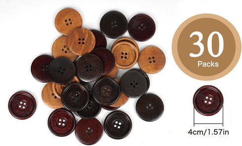 Chenkou Craft 30pcs Big Size 40mm 1 1/2" Round Wood Buttons 4 Holes Craft Sewing Button (Mix)...
