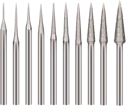 10 Pcs Diamond Burr - 3/32'' Shank Cone Shape Diamond Burs Stone Carving Bits for Rotary Tools includes Dremel (D Type)...