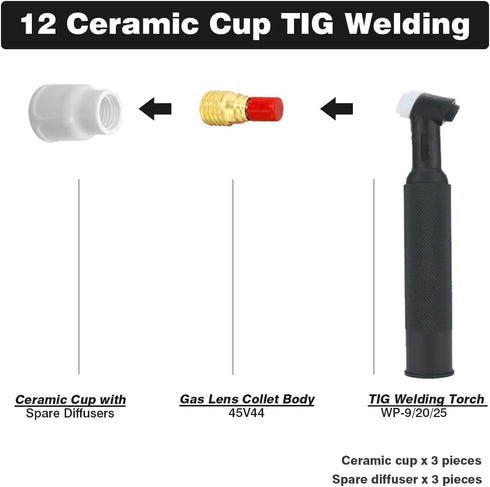 #12 Ceramic Cup White TIG Welding Cup fit Torch WP 9/20/25 Series with 3/32” Diffuser 3pk (HCZ-WST-40062+40063-6)...