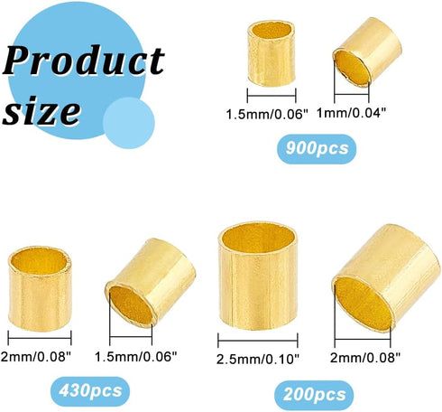 PH PandaHall Crimp Tube Beads, 3000 Pcs 1.5mm 2mm 2.5mm Brass Tube Crimp End Spacer Beads Cord End Caps Loose Stopper Bead for Earring Necklace Pe...
