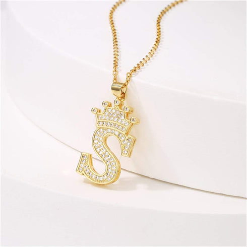 A-Z Crown Initial Necklace for Men Women 14K Gold Plated Iced Out Monogram Pendant with 18" Chain+2"(Extended) DIY Name Jewelry...