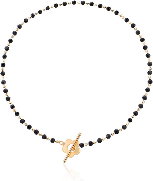 Dainty Flower Toggle Clasp Choker Necklace Black Crystal Beads Plum Blossom Shape OT Clasp Necklace Boho Irregular Stone Clavicle Chains Minimalis...