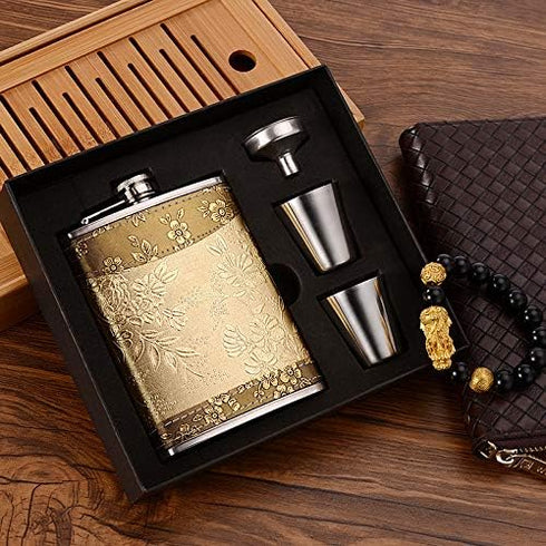 Golden pattern 8 Oz Gift 100% Stainless Steel(304/18-8 SS).Bonus 2 Shot Glass+1Funnel+1Giftbox.Flask Leak Proof Tested.Flask for Liquor/Alcohol.Fl...
