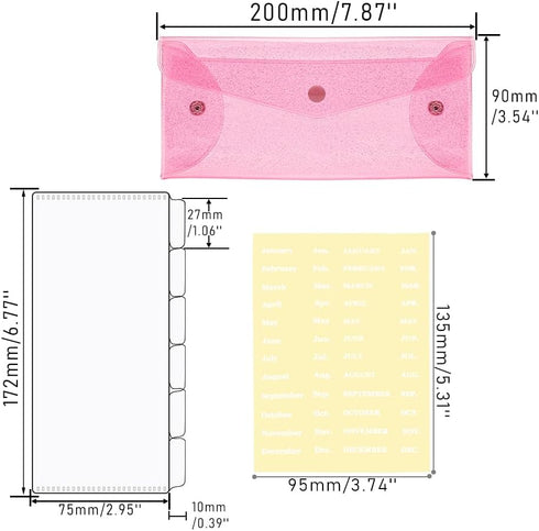 Cash Envelope Wallet with 6pcs Divider with Pockets and 2pcs Monthly Tab Stickers Set Reusable Budget Envelopes Pink Glitter PVC Money Bag Pouch O...