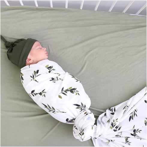 Little Jump stretchy baby Swaddle Blanket and Hat Bow Set, Olive Branches Jersey Cotton Receiving Blanket, newborn hospital outfit for Boys (Green...