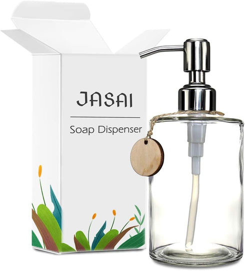 JASAI 16OZ Cylinder Glass Soap Dispenser with Rust Proof Stainless Steel Pump, Refillable Bathroom Soap Dispenser for Hand Soap, Dish Soap, Liquid...