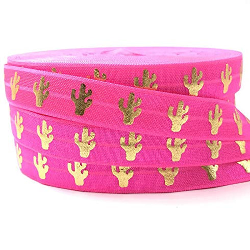 Fold Over Elastic Printed Ribbon for Hair Ties, 5/8 Inch Wide, FOE DIY 10 Yard Roll (Pink Cactus)...