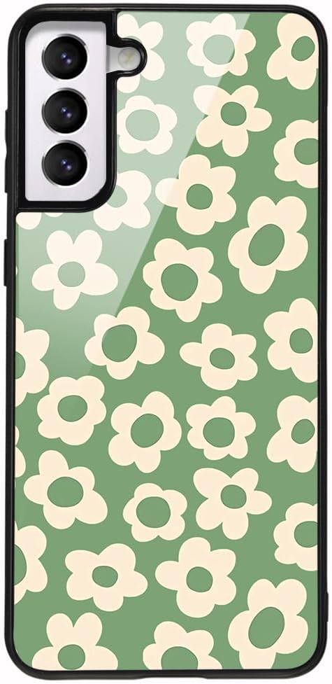 for Samsung Galaxy S22 Plus Green Daisy Flower Case for Women Girls, Cute Phone Cover Tempered Glass Back Cover Soft TPU Bumper Shockproof Case Tr...