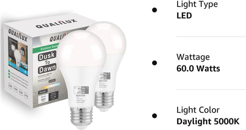 Dusk to Dawn Light Bulbs Outdoor, 60W Equivalent, Daylight, LED 9.5W, A19, 2-Pack, HQ-H011...