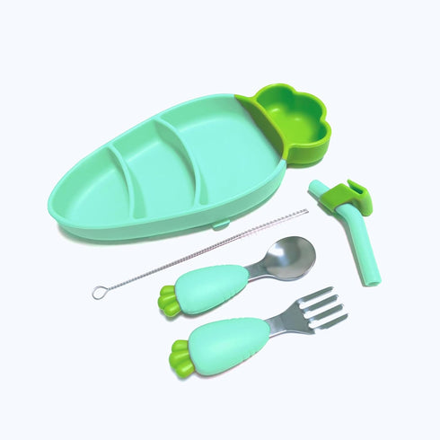 Toddler Plates with Suction, Silicone Suction Plates for Baby, Cute Carrot Divided Plates and Utensils Set, Non Slip, BPA Free, Feeding Set for 1-...