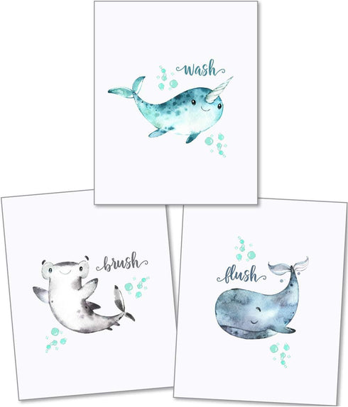 Confetti Fox Kids Bathroom Wall Art Decor - 8x10 Unframed Set of 3 Prints - Sea Animals Dolphin Shark Whale - Wash Brush Flush...