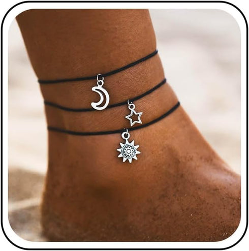 Boho Layered Crescent Moon Anklet Vintage Moon Star Dangle Anklet Bracelet Black Wax Rope Anklet Silver Sun Ankle Summer Foot Chain Set Jewelry fo...