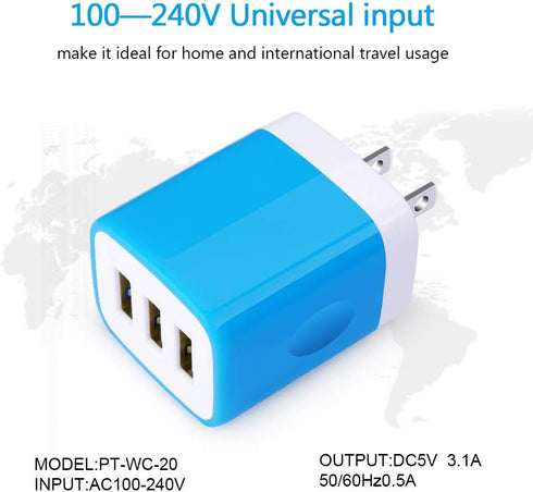 USB Charger Plug, HOOTEK 2Pack 3.1A 3-Multi Port USB Wall Charge Brick Adapter Charging Block Cube Box for iPhone 16e/16/15/14/13 Pro Max/12/XS/X ...
