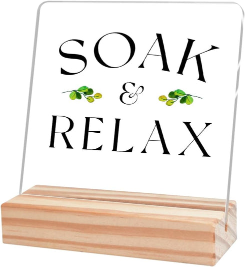 Funny Bathroom Desk Decor,Soak Relax Funny Bathroom Sign Acrylic Plaque With Wooden Stand Sign for Bathroom Shelf Toilet Restroom Home Tabletop De...