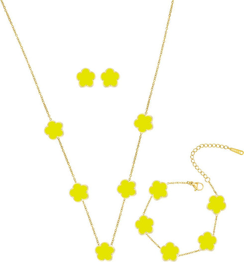 Gold Plated Stainless Steel Flower Bracelet, Necklace and Stud Jewelry Set for Women...