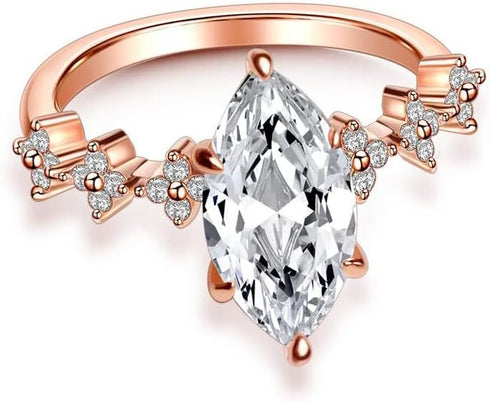 Rose Gold Plated Marquise Cut Clear Cubic Zirconia Engagement Band Ring for Women, Simulation Diamond Halo Wedding Ring (US Size 9)...