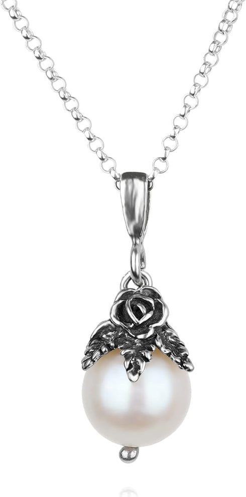 Paz Creations 925 Sterling Silver Pearl Pendant Necklace with Round Ball-Shape White Freshwater Pearl and Handcrafted Floral Cap - Natural Elegant...