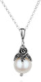 Paz Creations 925 Sterling Silver Pearl Pendant Necklace with Round Ball-Shape White Freshwater Pearl and Handcrafted Floral Cap - Natural Elegant...