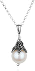 Paz Creations 925 Sterling Silver Pearl Pendant Necklace with Round Ball-Shape White Freshwater Pearl and Handcrafted Floral Cap - Natural Elegant...