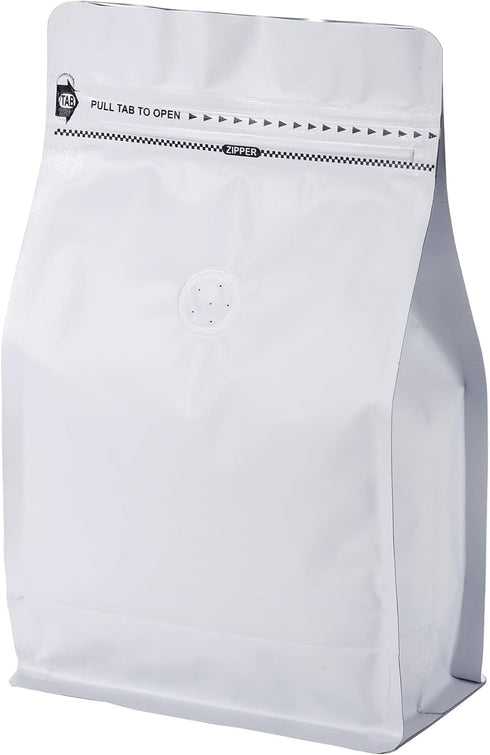 50 Count 8 Ounce Matt White Aluminum Foil Coffee Bags, Stand Up/Flat Bottom Side Gusset Coffee Pouches with Air Release Valve and Reusable Side Zi...